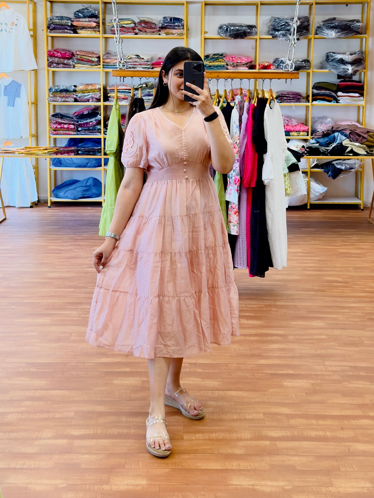 Pink sleeve embroidery western dress