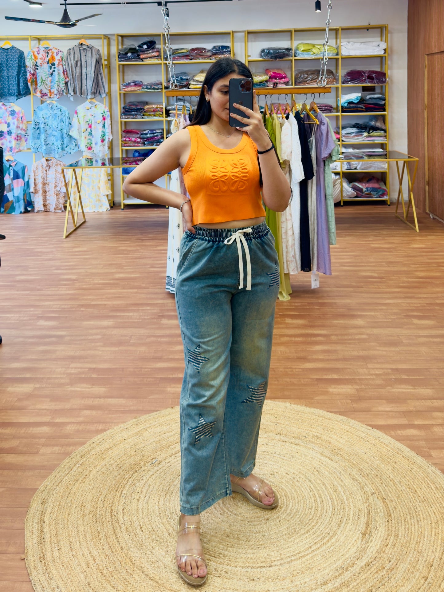 ORANGE SPAGHETTI WITH IMPORTED STRAIGHT PRINT DENIM PAIR