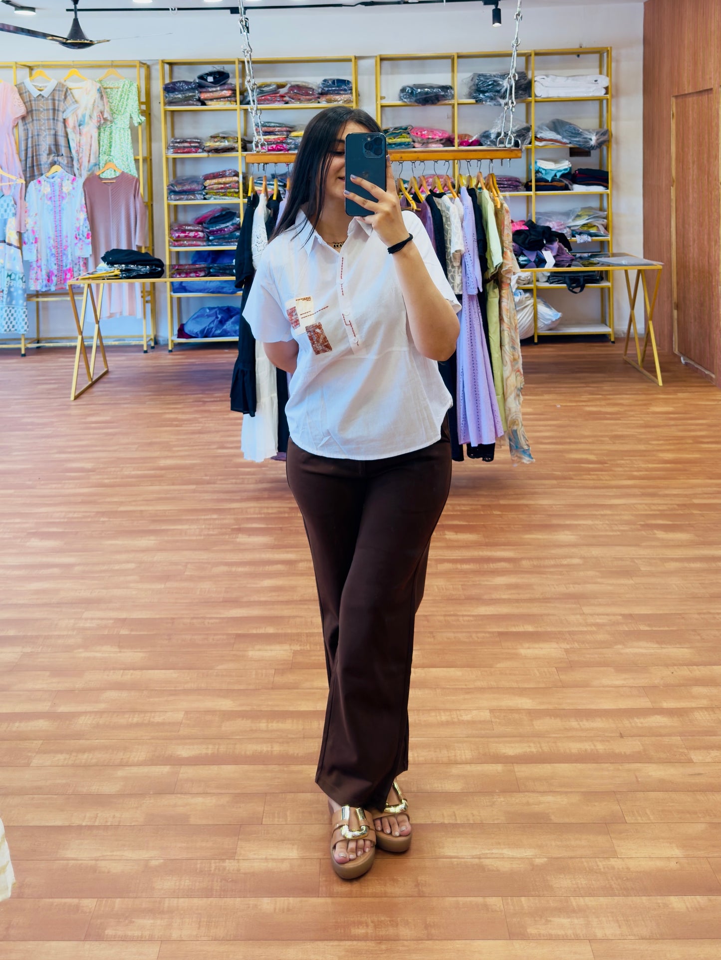 Collar embroidery top with brown bell bottom pant