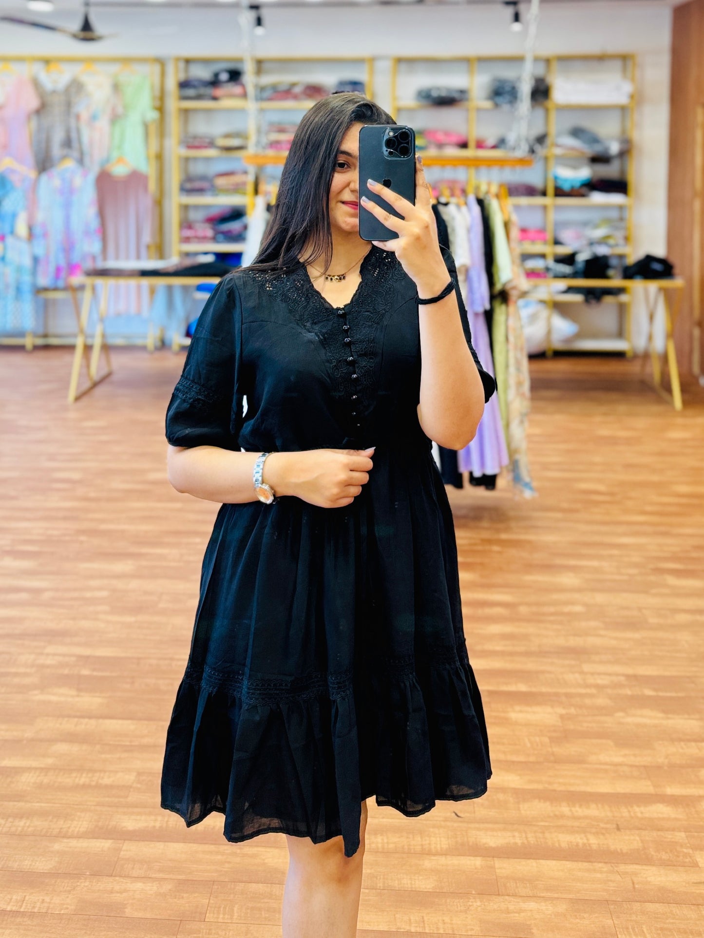Black Embroidery western short dress
