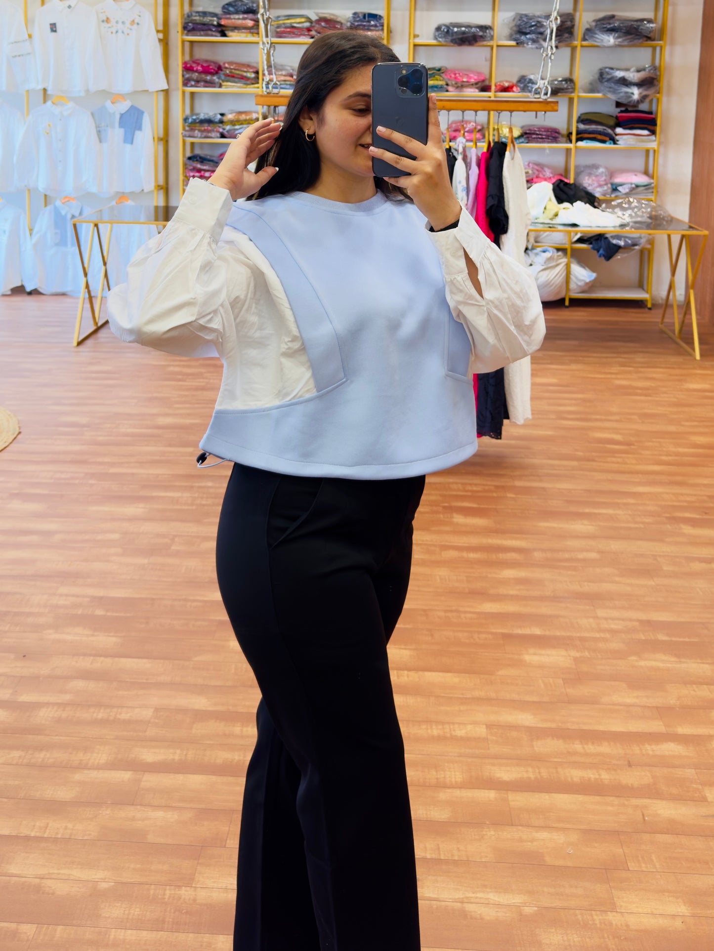 Blue Full sleeve top with bell bottom black pant