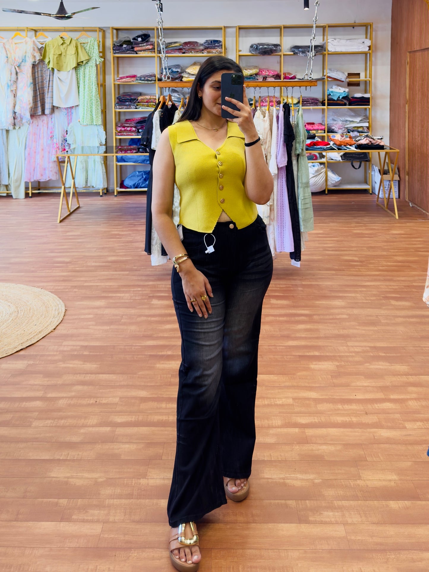 SLEEVELESS TOP WITH BELL BOTTOM CHARCOL DENIM PANT