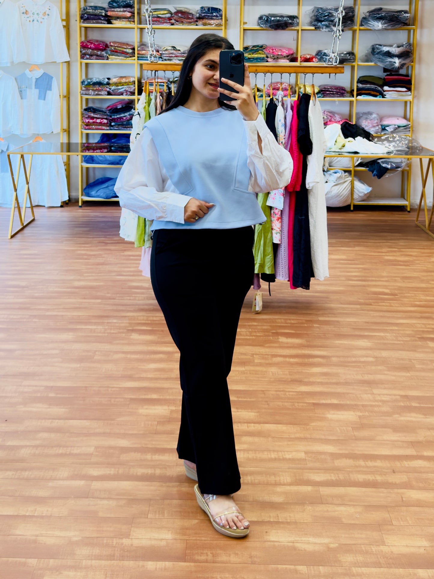 Blue Full sleeve top with bell bottom black pant