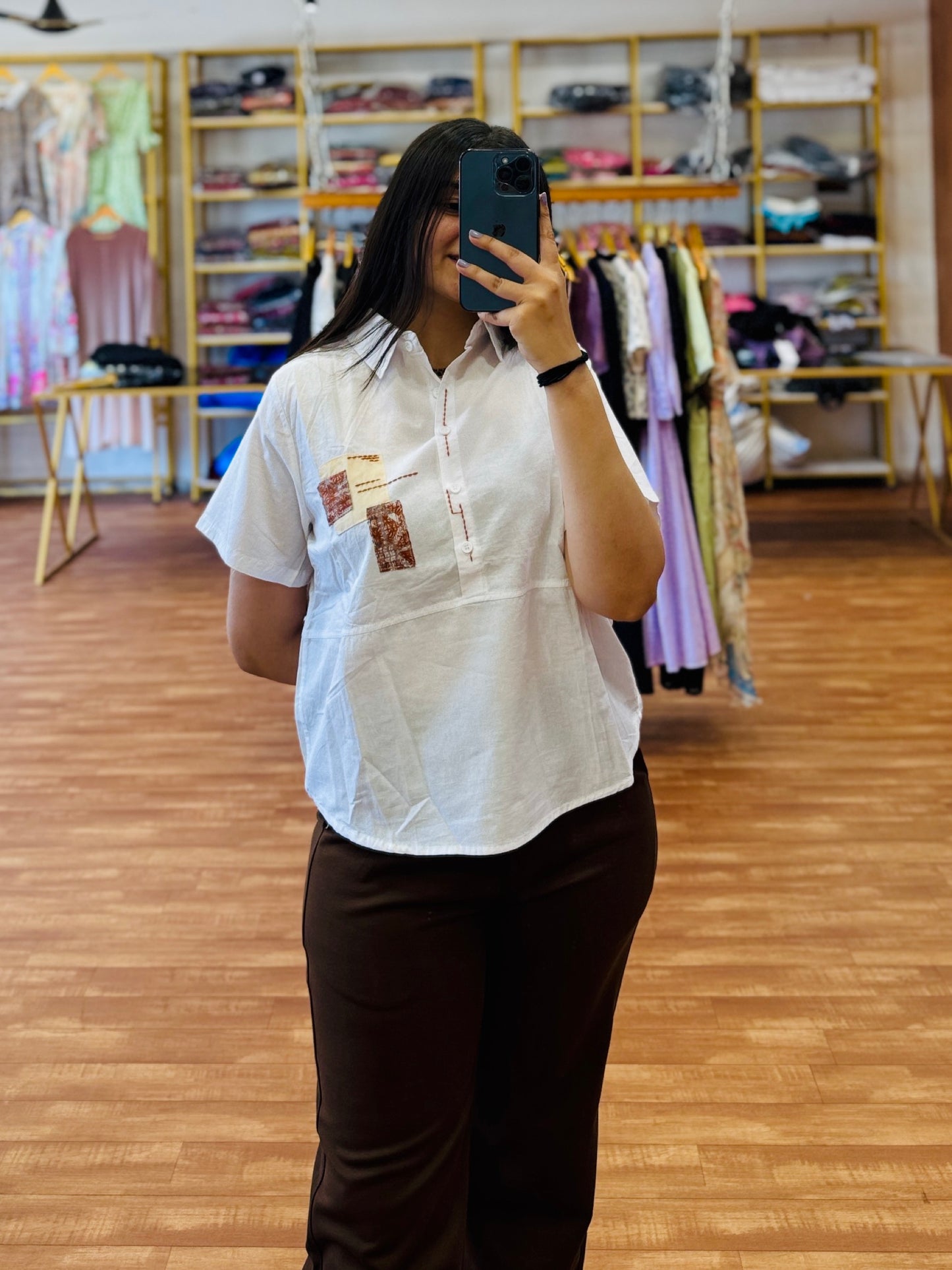 Collar embroidery top with brown bell bottom pant