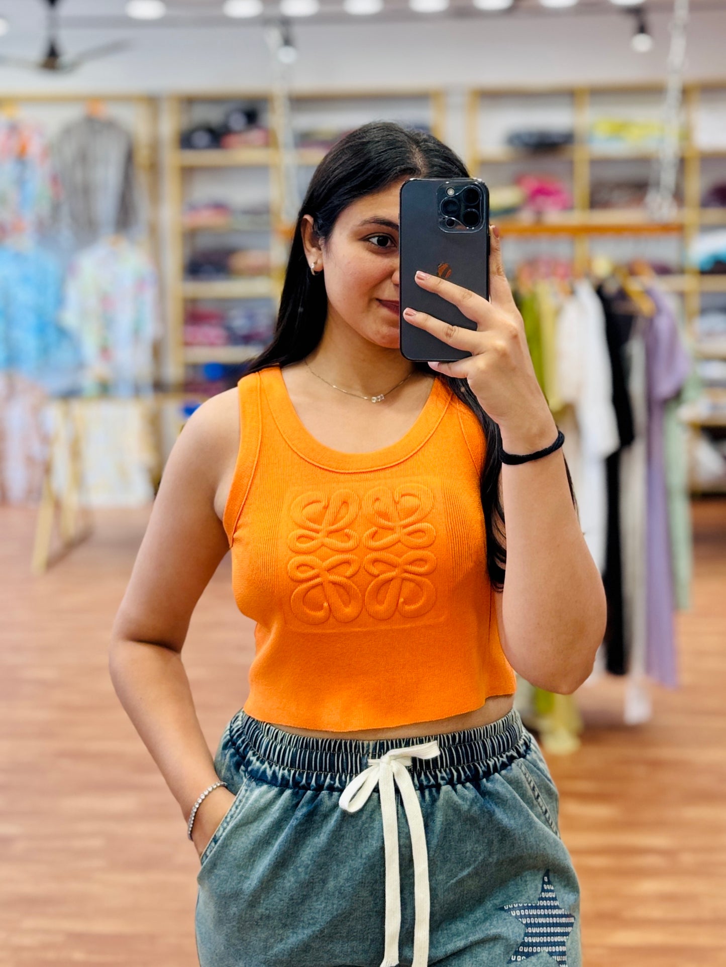 ORANGE SPAGHETTI WITH IMPORTED STRAIGHT PRINT DENIM PAIR