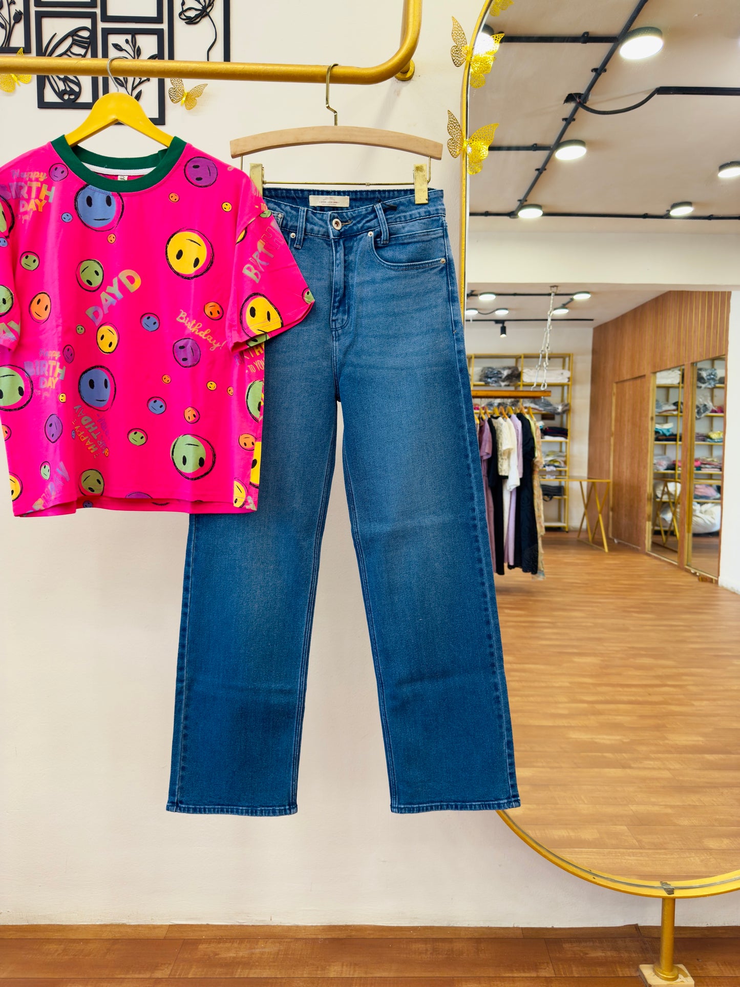 Hot Pink Print Tshirt With Dblues Denim Straight Pant