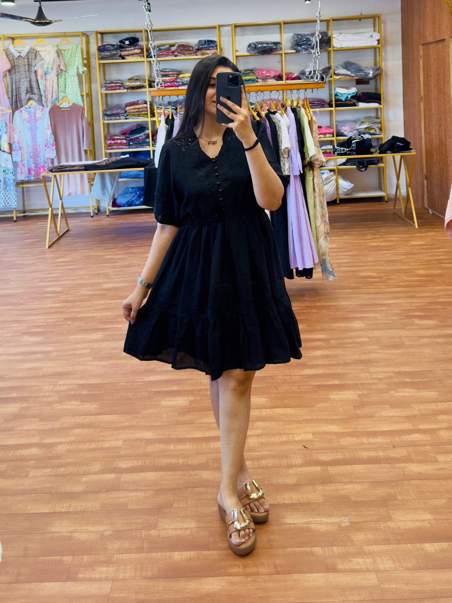 Black Embroidery western short dress