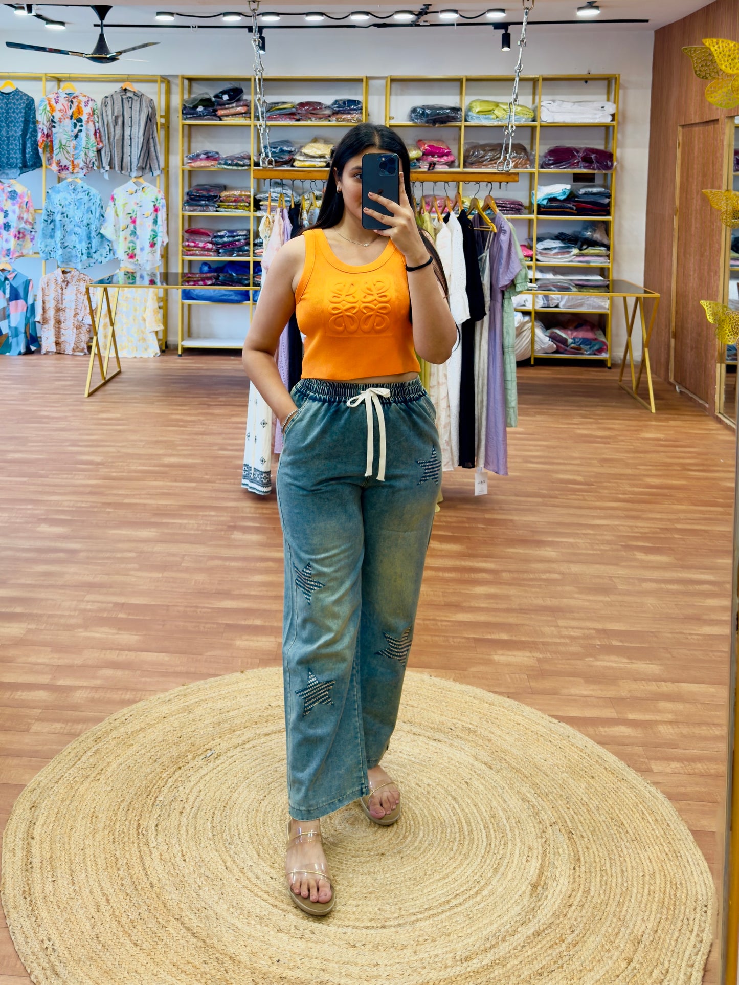 ORANGE SPAGHETTI WITH IMPORTED STRAIGHT PRINT DENIM PAIR