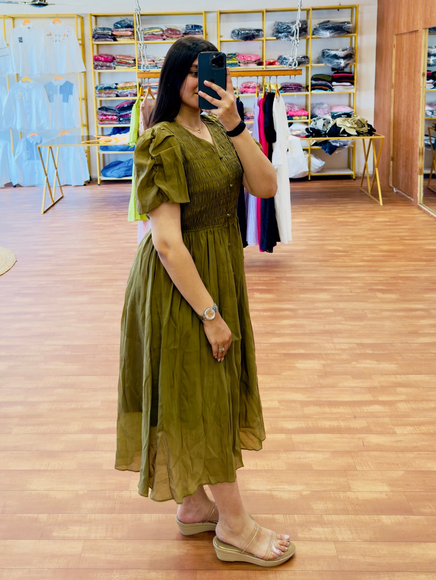 Dark green Smocking western Dress