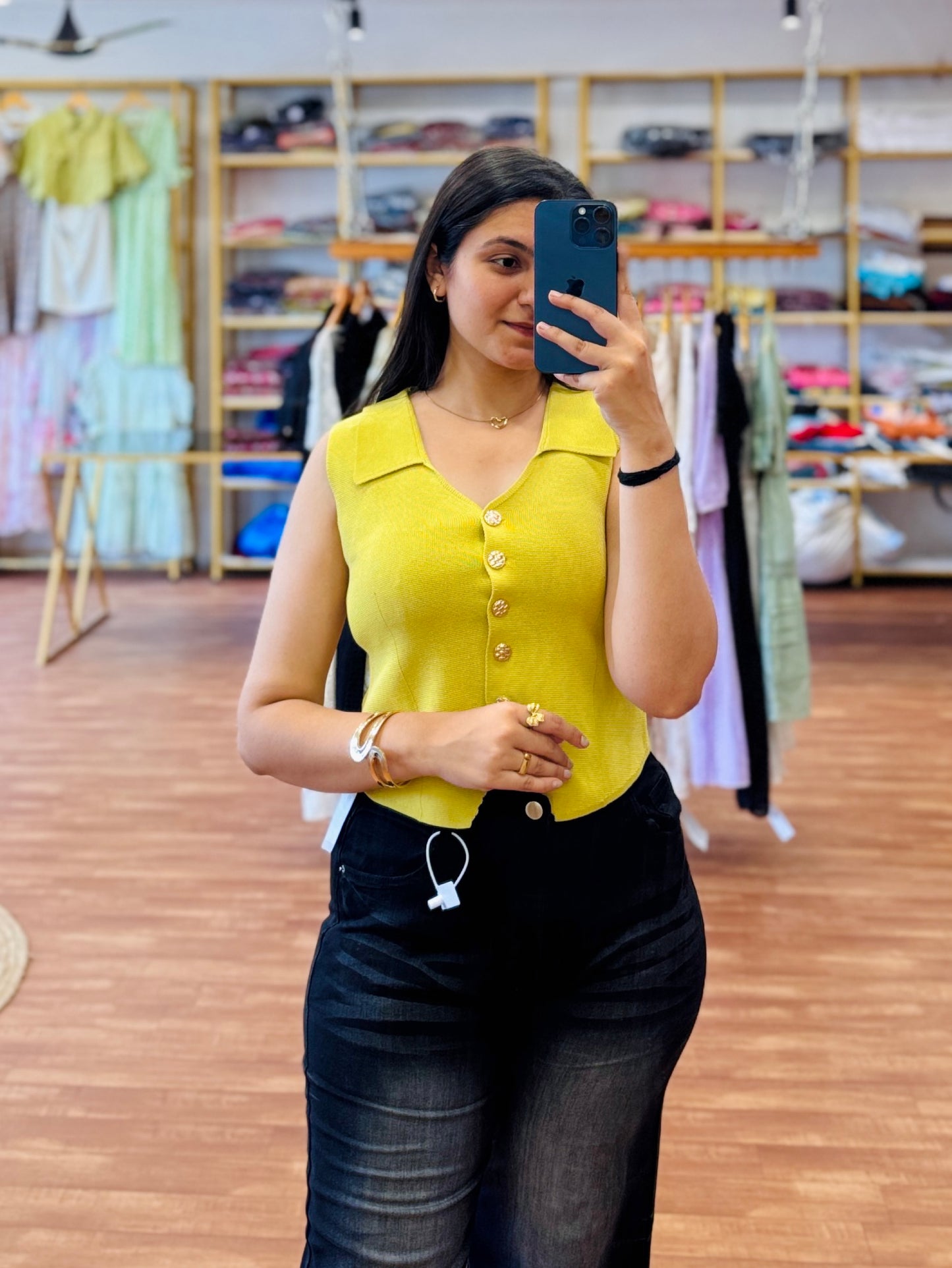 SLEEVELESS TOP WITH BELL BOTTOM CHARCOL DENIM PANT