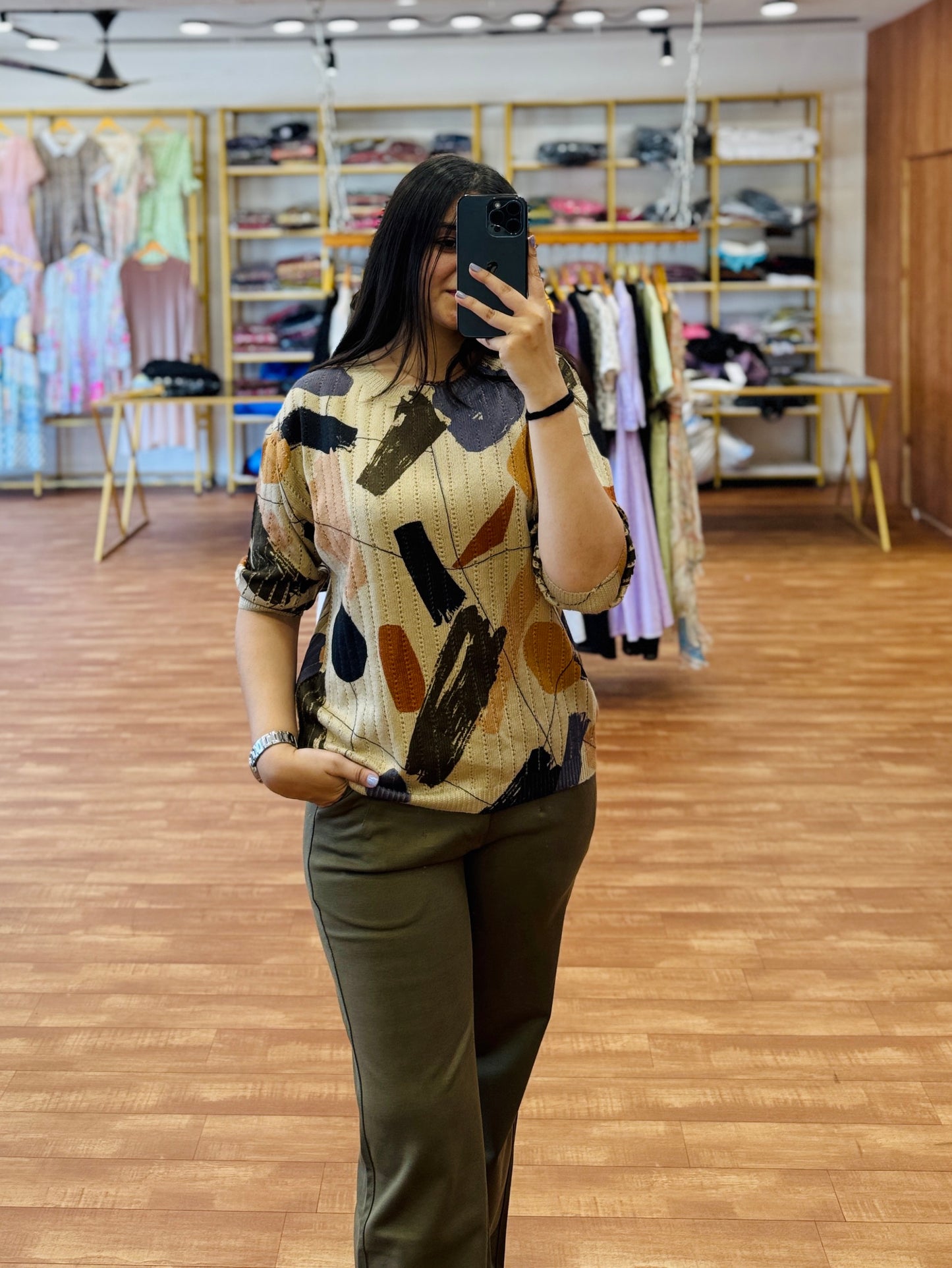 Print Knitting Top With Straight Archery Pant