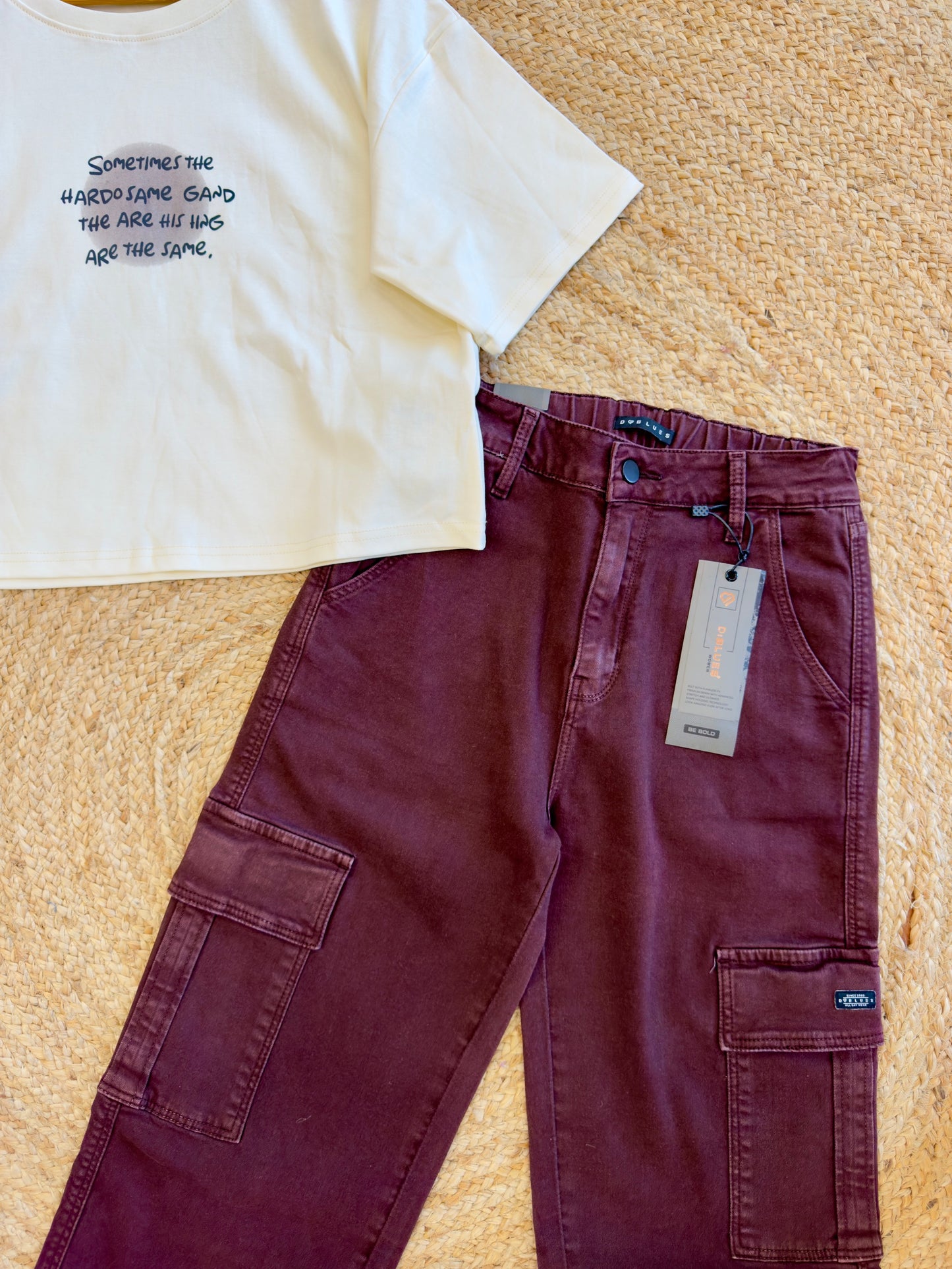 Crop Tshirt with Wine Cargo Denim Pant