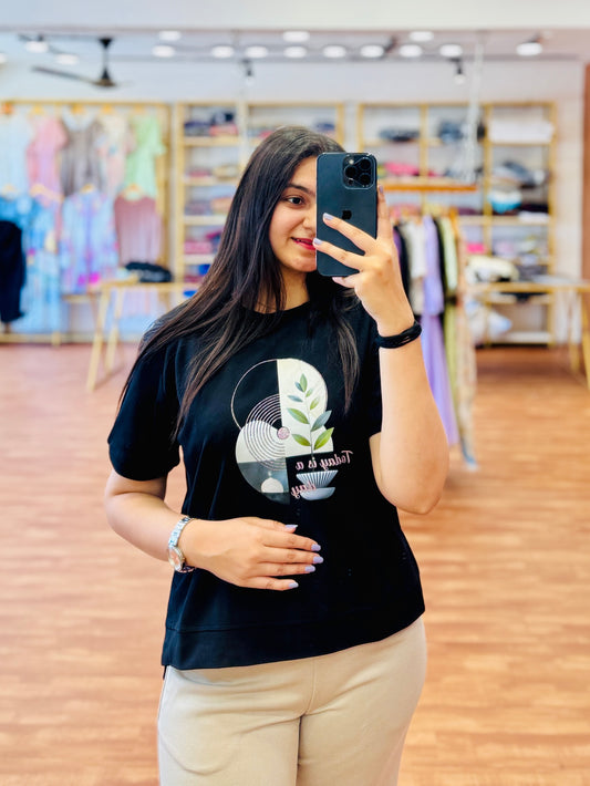 Black Tshirt With Bell Bottom Ivory Pant