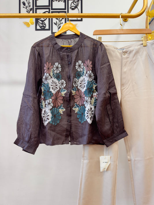 LINEN PREMIUM DARKISH COFFEE EMBROIDERY TOP WITH STRAIGHT COMFORTABLE PANT PAIR