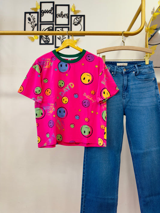 Hot Pink Print Tshirt With Dblues Denim Straight Pant