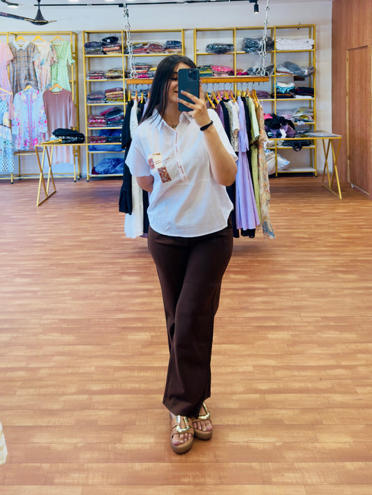 Collar embroidery top with brown bell bottom pant
