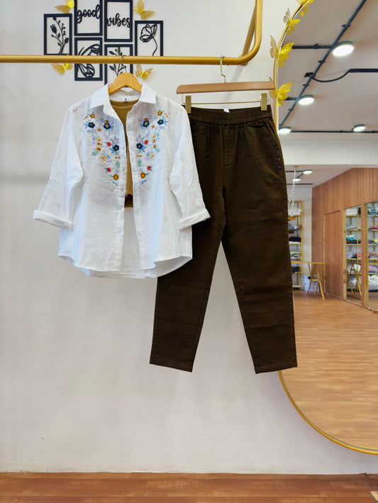 FLOWER EMBROIDERY MUL COTTON WHITE SHIRT SPAGHETTI WITH COTTON ELASTIC PANT SET