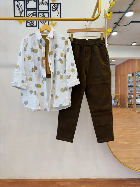 PURE MUL PRINTED WHITE SHIRT SPAGHETTI WITH COTTON ELASTIC PANT SET