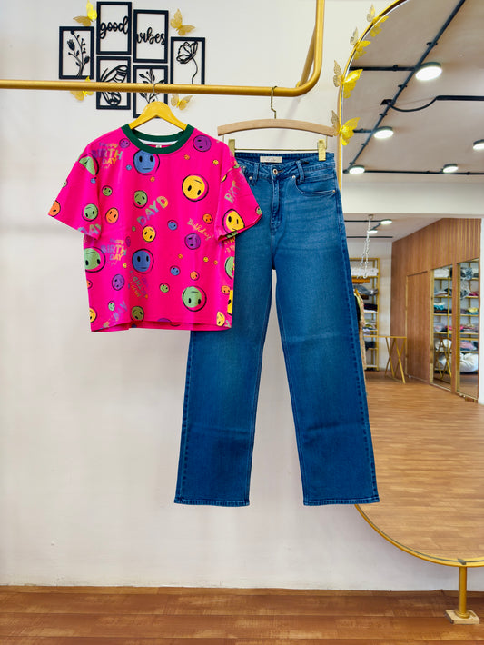 Hot Pink Print Tshirt With Dblues Denim Straight Pant