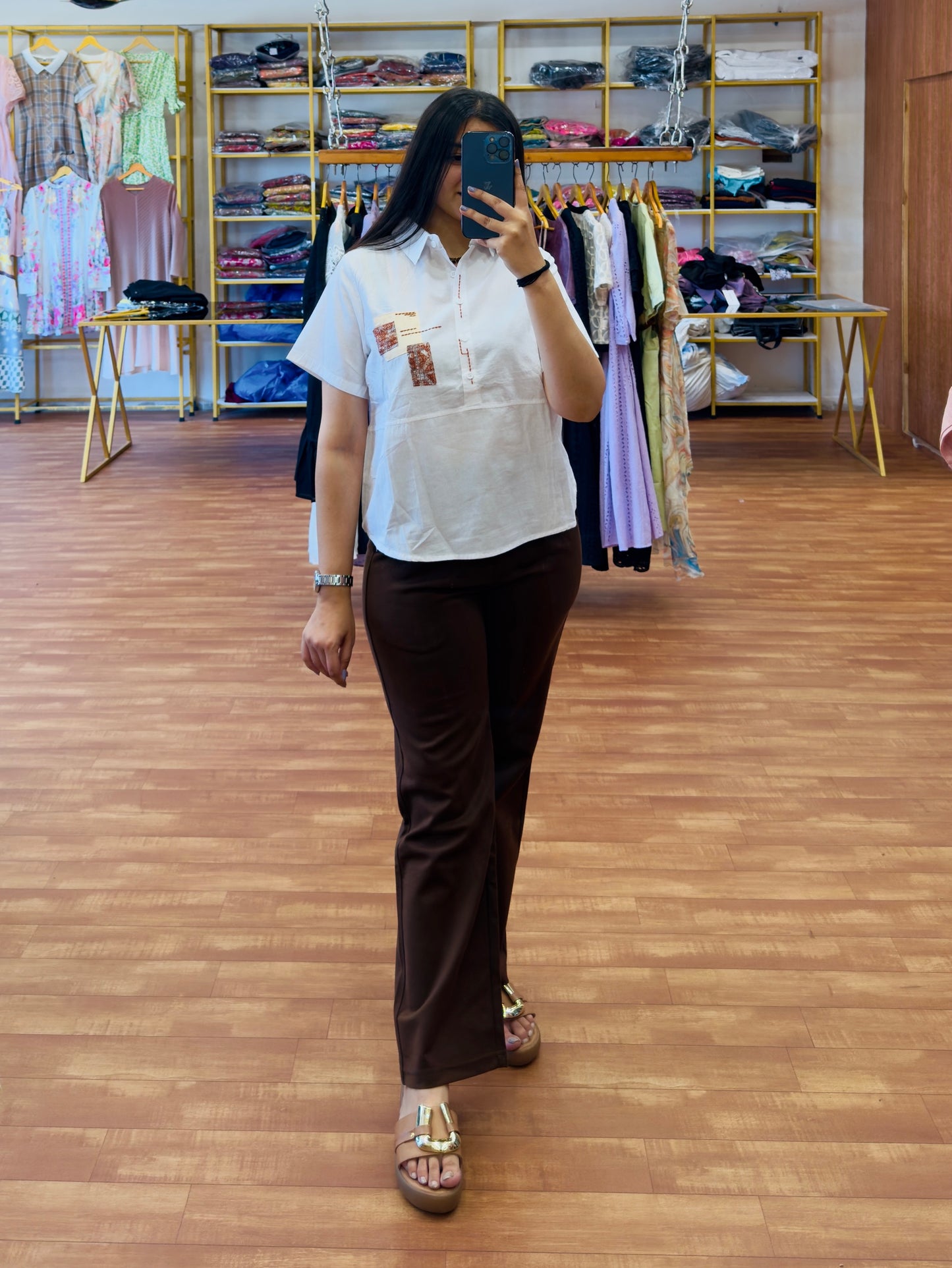 Collar embroidery top with brown bell bottom pant