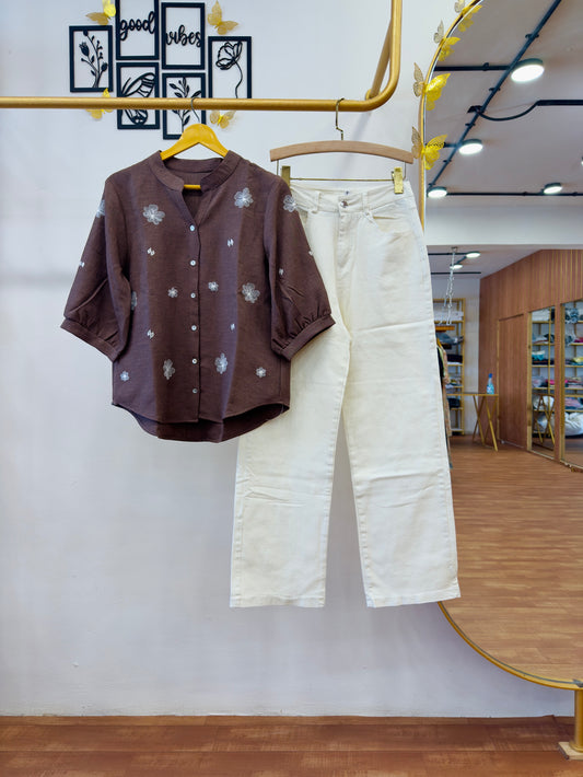 Embroidery Brown Top With Straight Cotton Denim Pant