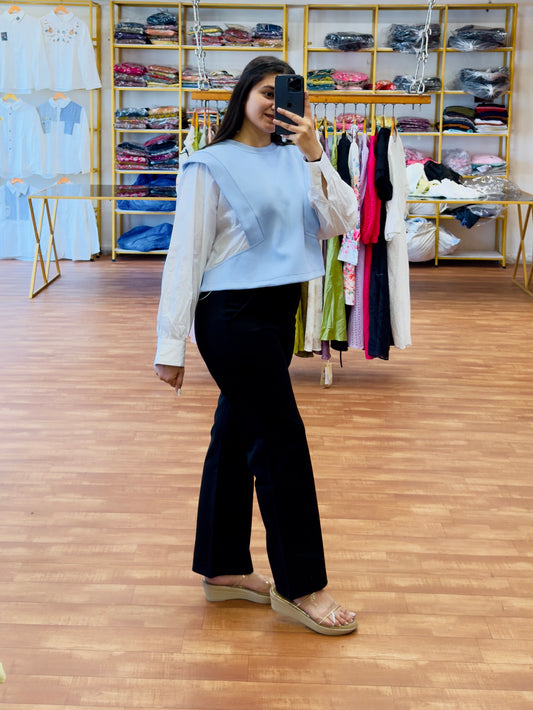 Blue Full sleeve top with bell bottom black pant