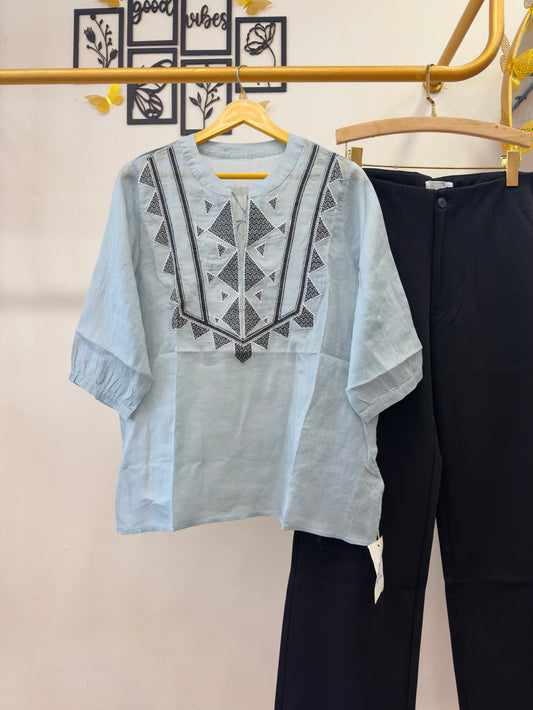 LINEN PREMIUM POWDER BLUE EMBROIDERY TOP WITH STRAIGHT COMFORTABLE PANT PAIR