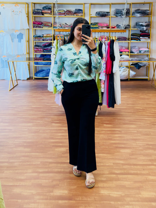 SATIN FORMAL PRINT SHIRT WITH BELL BOTTOM BLACK PANT