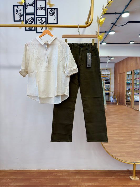 IVORY EMBROIDERY TOP WITH GREEN STRAIGHT DENIM PANT