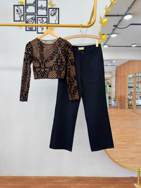 BROWN FULL SLEEVE BODY FITTING TOP WITH STRAIGHT PANT