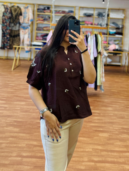 Casual Brown Embroidery Top with Skin Straight Fit Pant