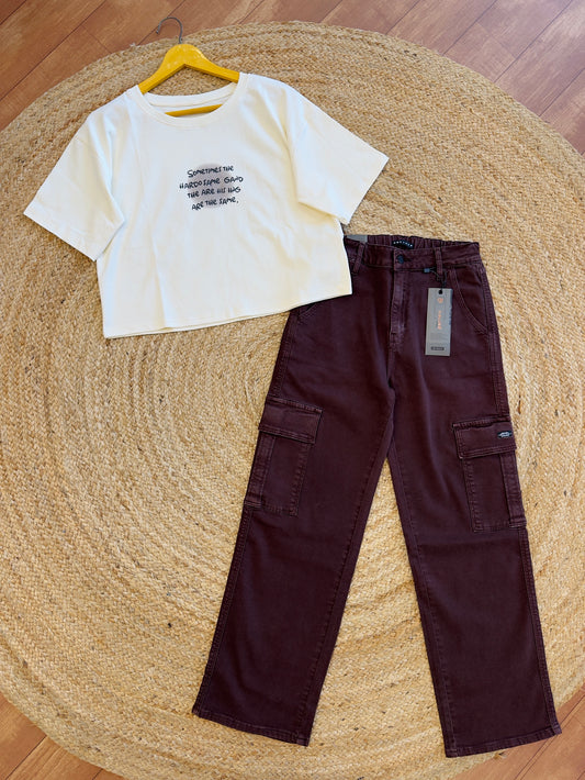 Crop Tshirt with Wine Cargo Denim Pant