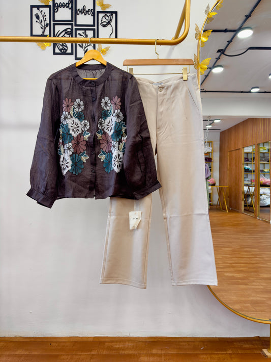 LINEN PREMIUM DARKISH COFFEE EMBROIDERY TOP WITH STRAIGHT COMFORTABLE PANT PAIR