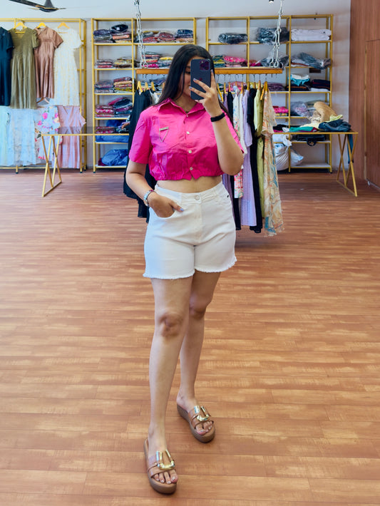 HOT PINK CROP SHIRT WITH WHITE SHORTS