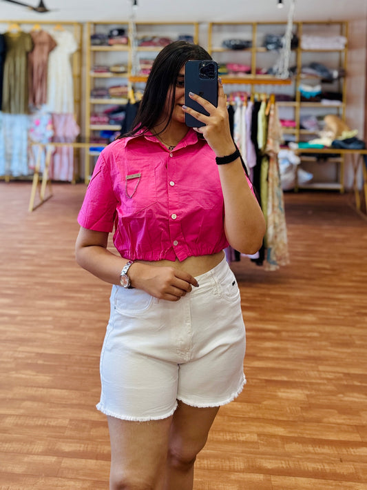 HOT PINK CROP SHIRT WITH WHITE SHORTS