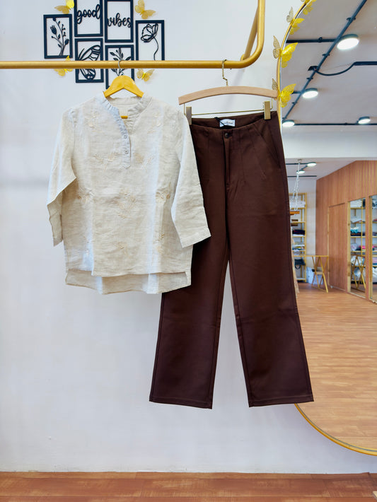 PURE LINEN EMBROIDERY TOP WITH STRAIGHT PANT