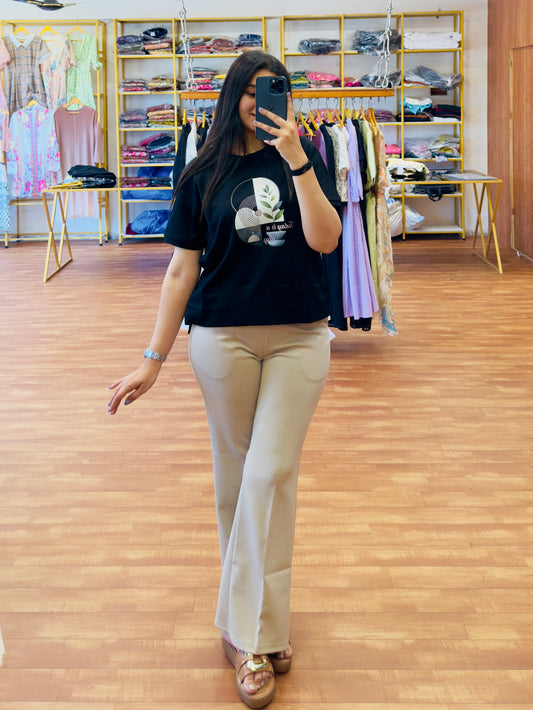 Black Tshirt With Bell Bottom Ivory Pant