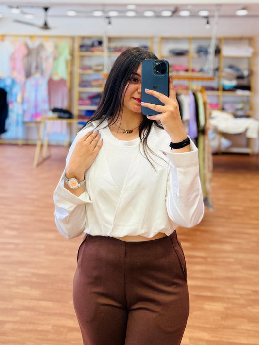 White Crop Shirt style Top with Bell Bottom Pant