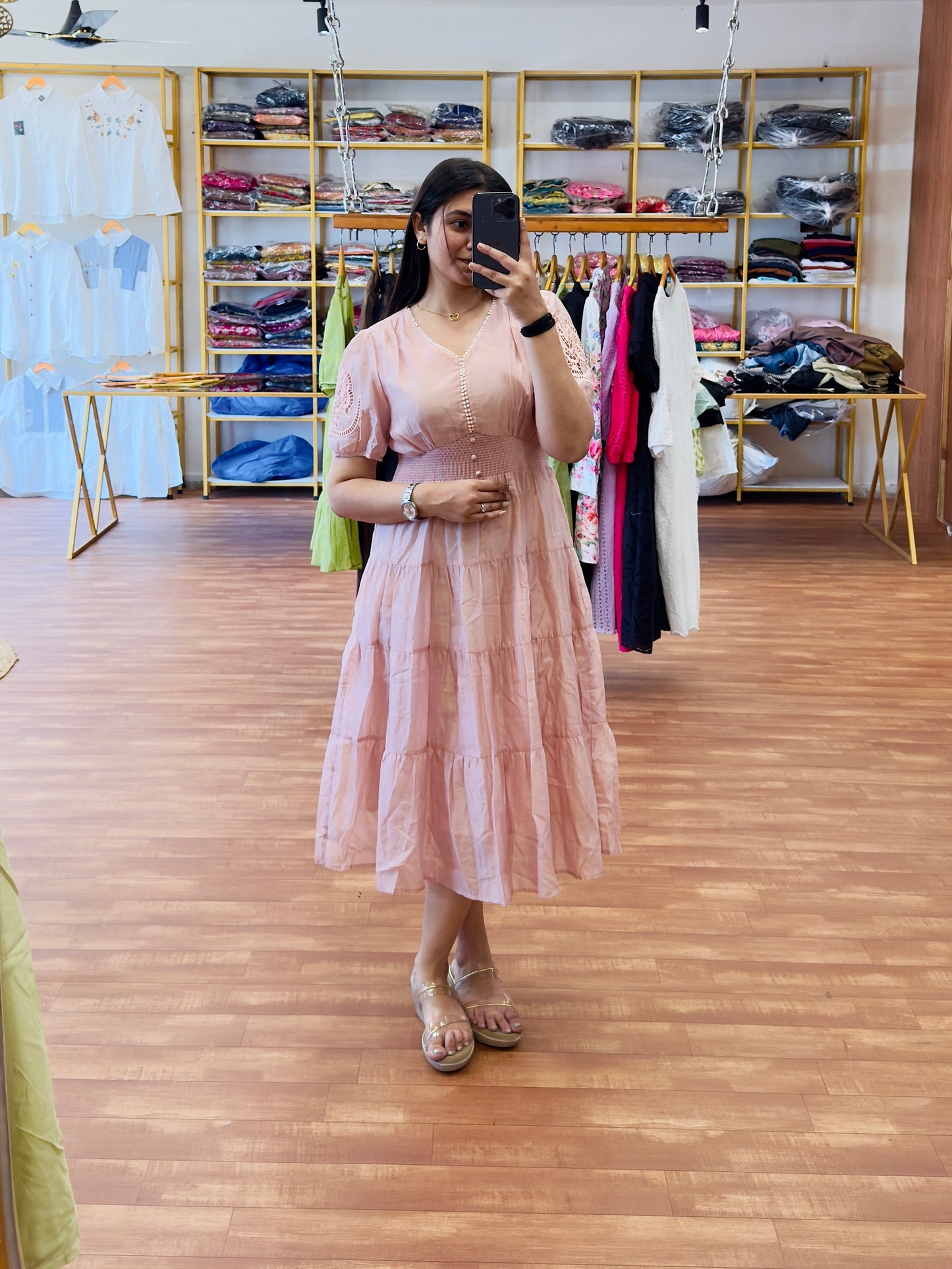 Pink sleeve embroidery western dress