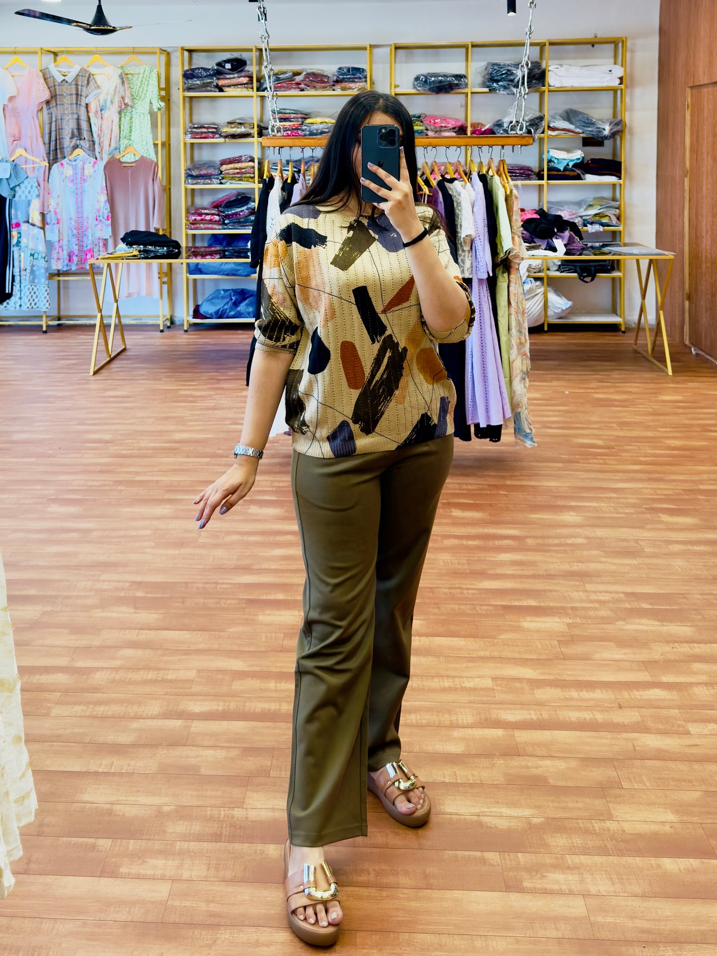 Print Knitting Top With Straight Archery Pant