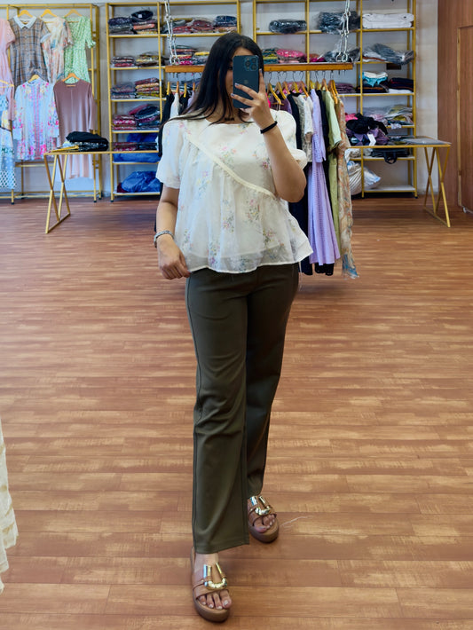 White Flower Print Top With Our Best Selling Archery GREEN Pant