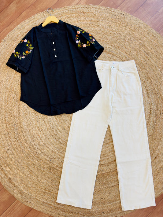 Sleeve embroidery top with ivory straight fit pant