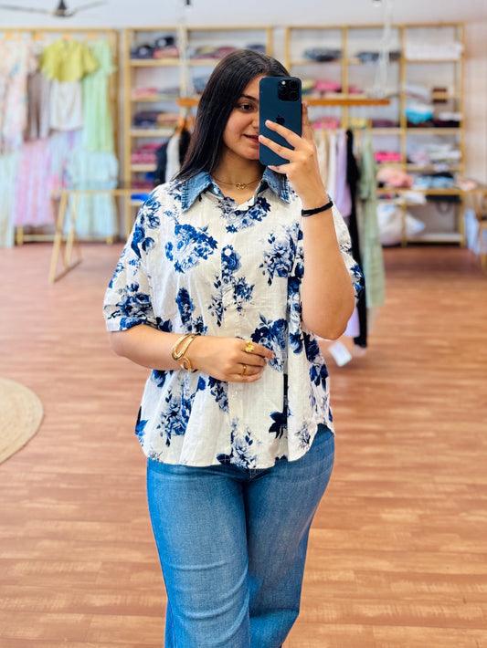 COTTON DENIM PRINT SHIRT WITH DENIM STRAIGHT PANT PAIR