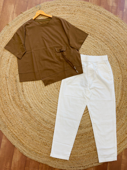 BROWN TSHIRT WITH WHITE PANT SET