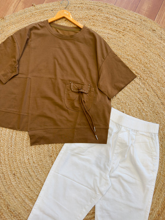 BROWN TSHIRT WITH WHITE PANT SET