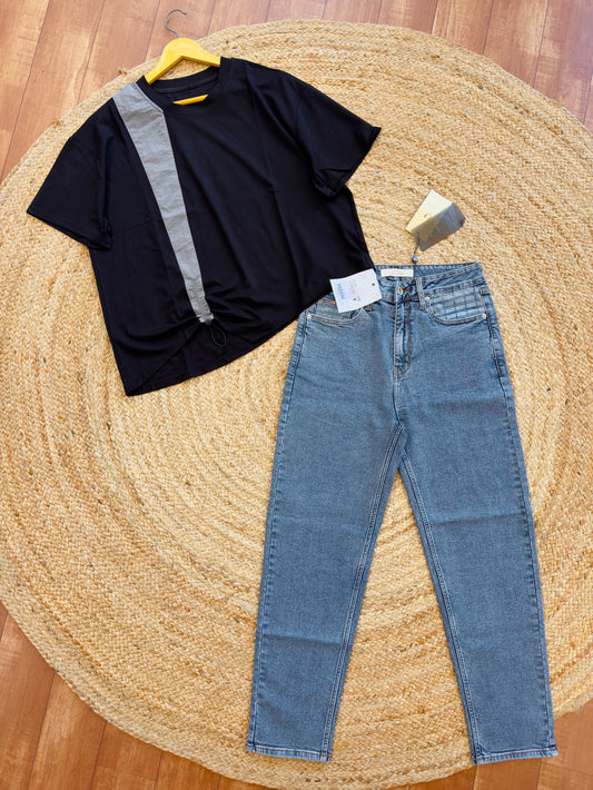 BLACK TSHIRT WITH GREY DENIM PANT