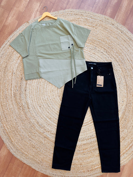 GREEN TSHIRT WITH BLACK PANT SET