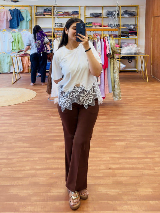 WHITE LACE TSHIRT WITH BROWN BELL BOTTOM PANT PAIR