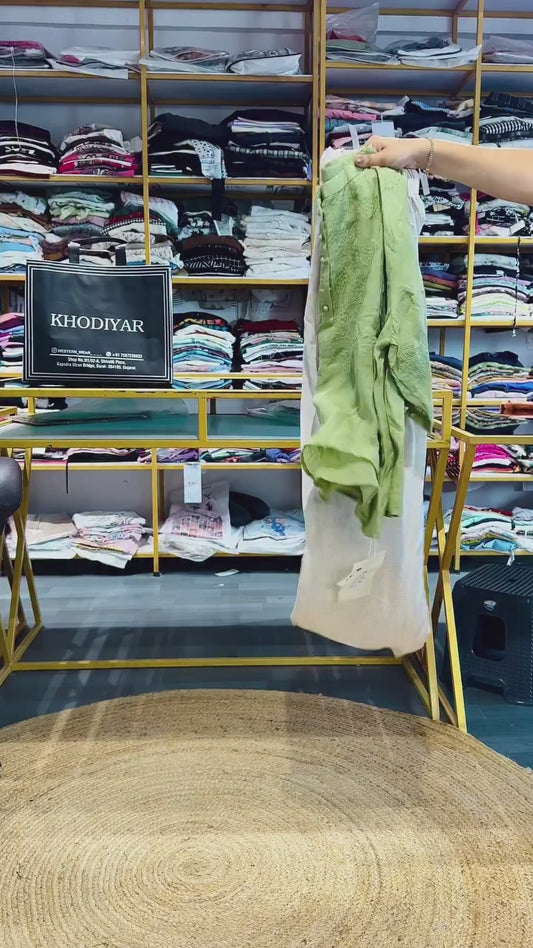 PARROT GREEN LINEN EMBROIDERY TOP WITH PREMIUM COMFORTABLE LINEN ELASTIC PANTSET